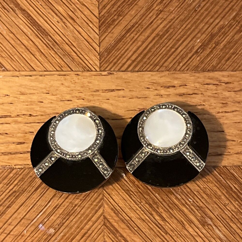 Vintage Art Deco Revival Round 925 Sterling Onyx Marcasite MOP Clip On Earrings